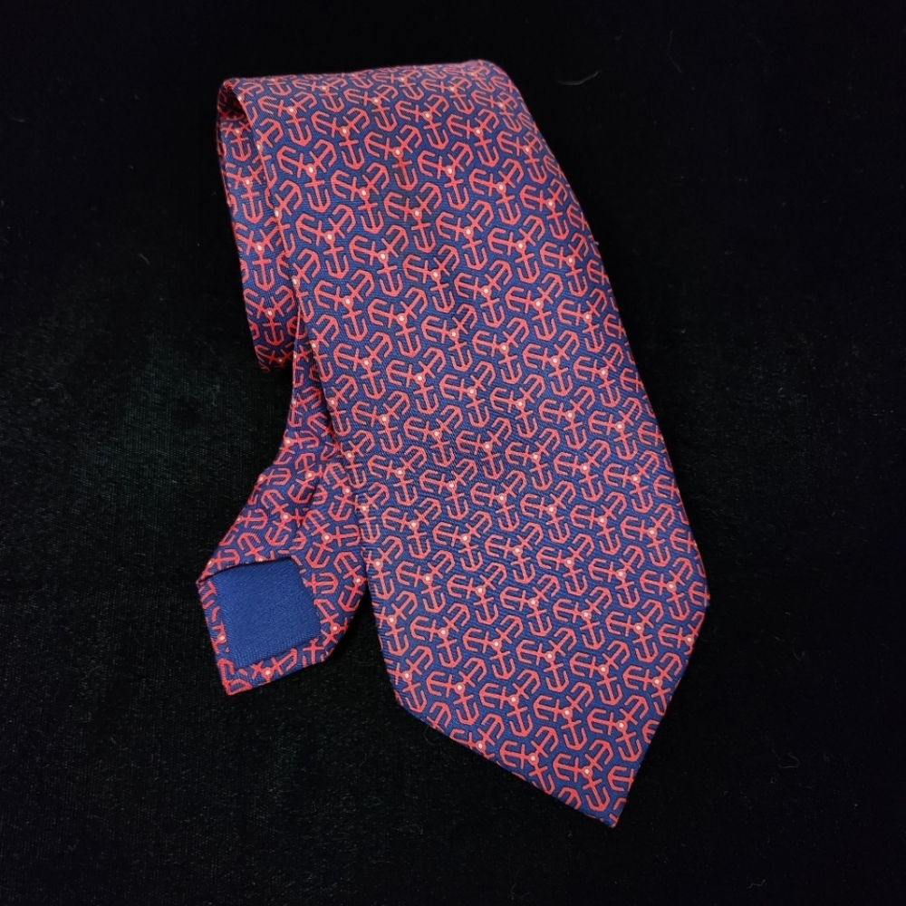 HERMES silk blue red geometric pattern tie